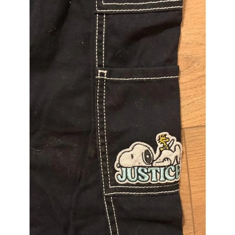 Justice Peanuts Snoopy Black Cargo Pants Contrast Stitch Girls Size 10 Wide Leg